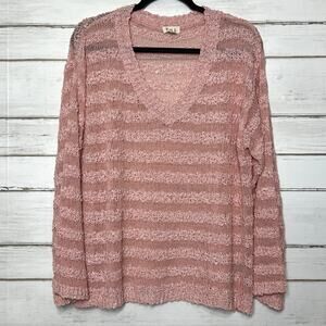 POL Pink Open Knit V-Neck Sweater | Lightweight Slouchy Pullover | Size Small